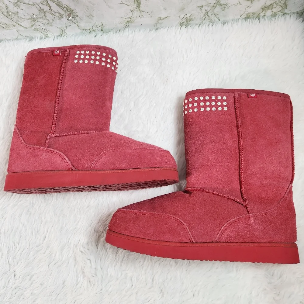 Red Sueded and Rhinestone Sherpa Lined Boots
